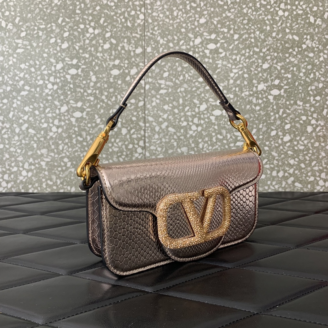 Valentino Garavani Loco Small Shoulder Bag in Gold Snake Grain Calfskin Leather 